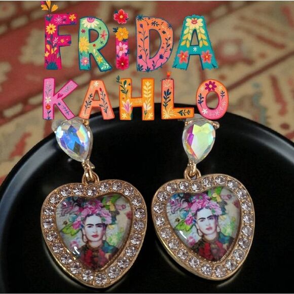 Frida Kahlo Gold Tone Heart Earrings with Crystal Accents - Picture 1 of 2